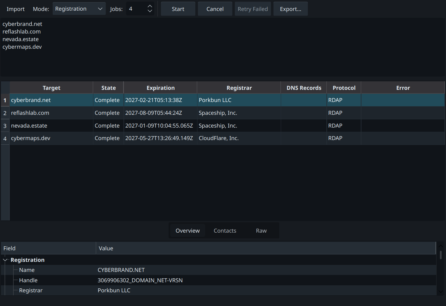 Whodis batch lookup showing four completed domain checks