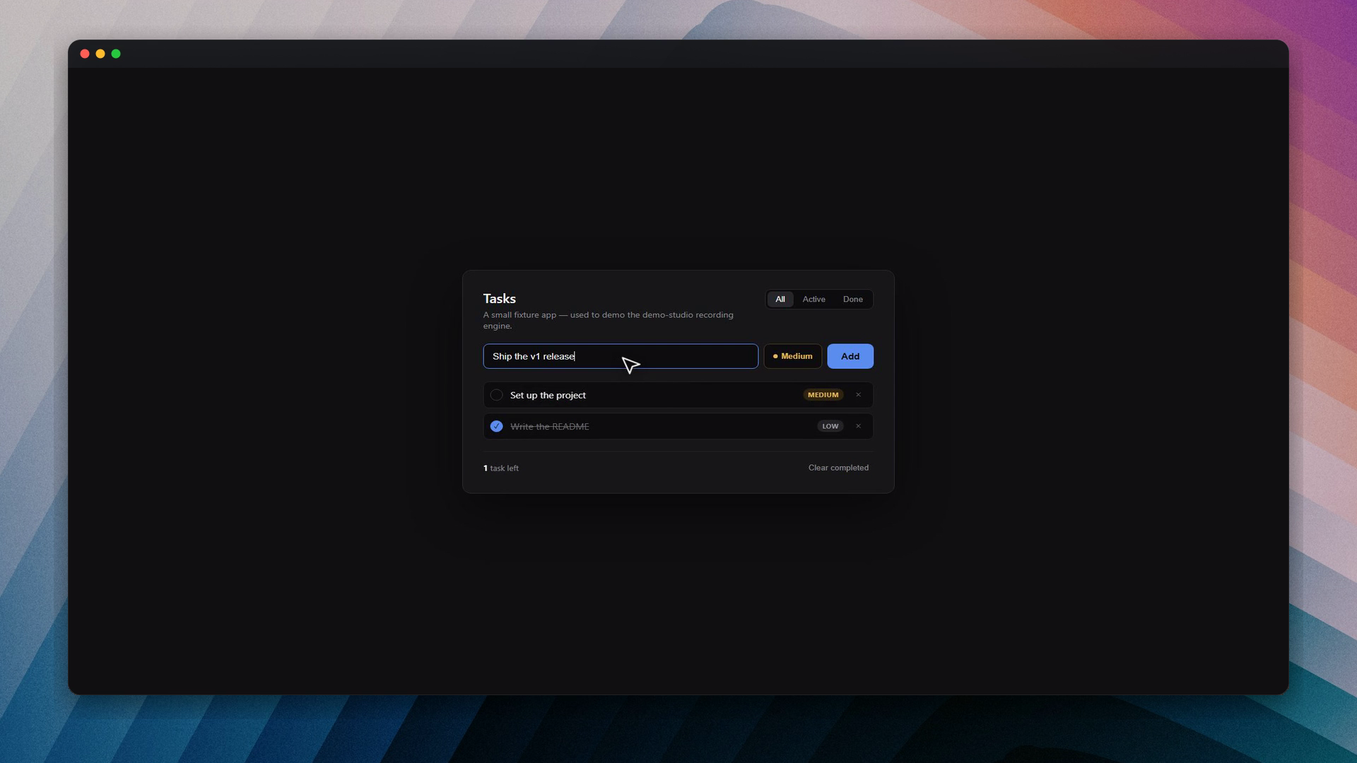 macOS-style window chrome — wallpaper, rounded corners, traffic-light dots