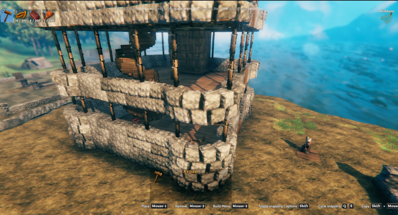 In-game: completed two-level curved stone building