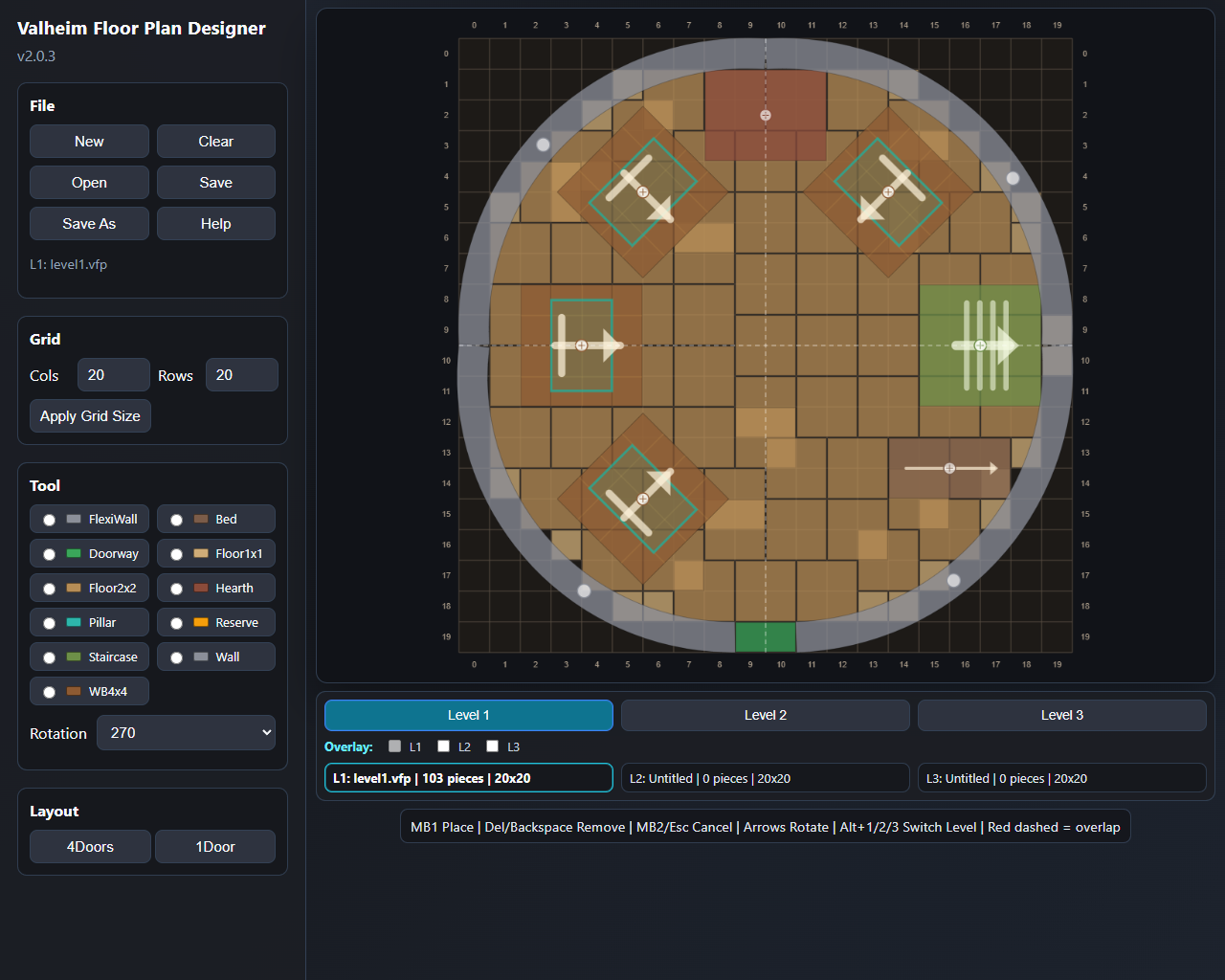 Designer: large circle FlexiWall layout on a 20x20 grid