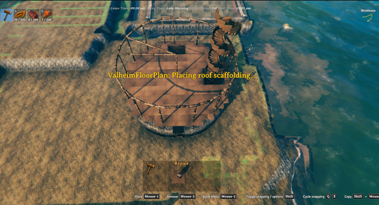 In-game: roof scaffolding placed over the circular footprint
