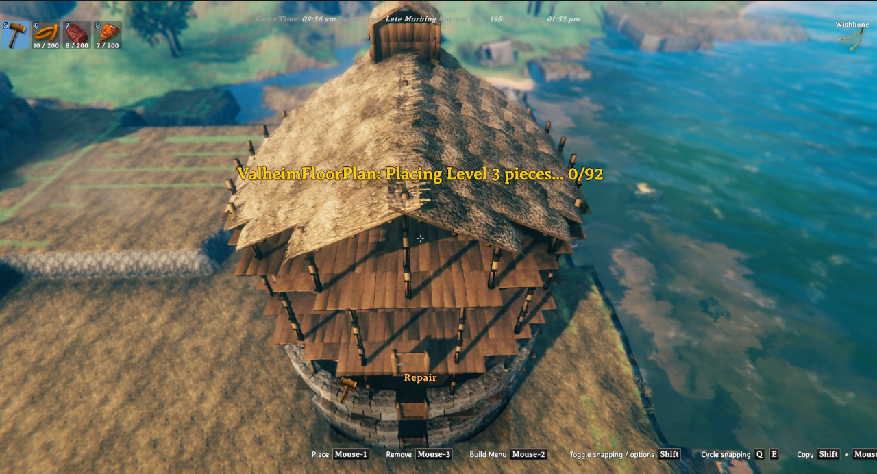 In-game: level 2 roof pieces being placed on the round house