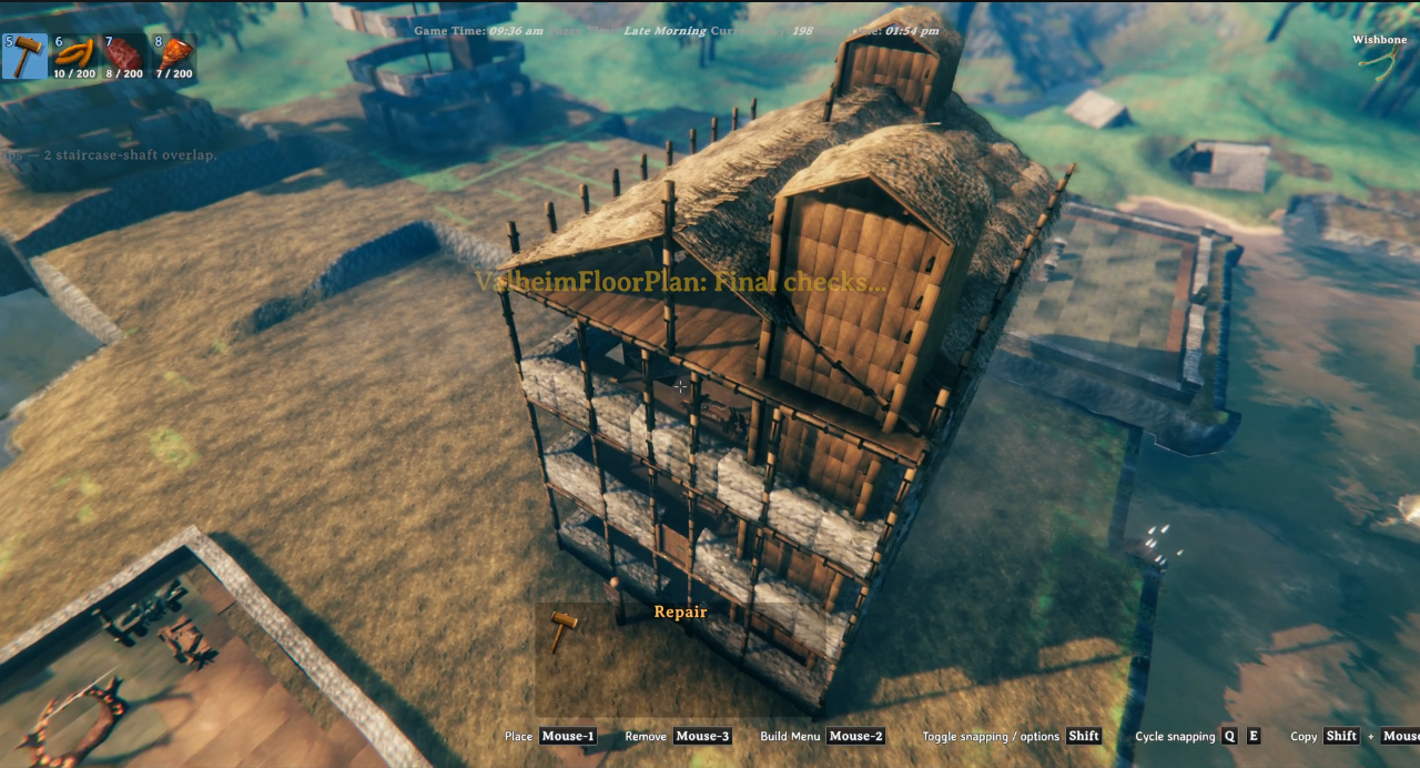 In-game: multi-level rectangular build under construction with scaffolding