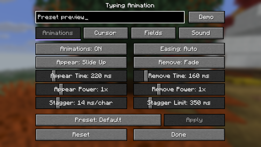 Visual preset selector, Apply button and live preview