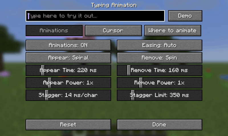 Settings tabs and live animation preview