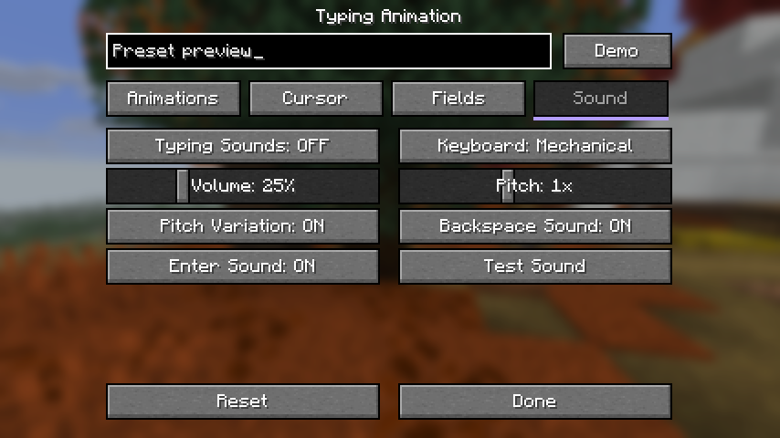 Sound presets, volume, pitch and the Test Sound button