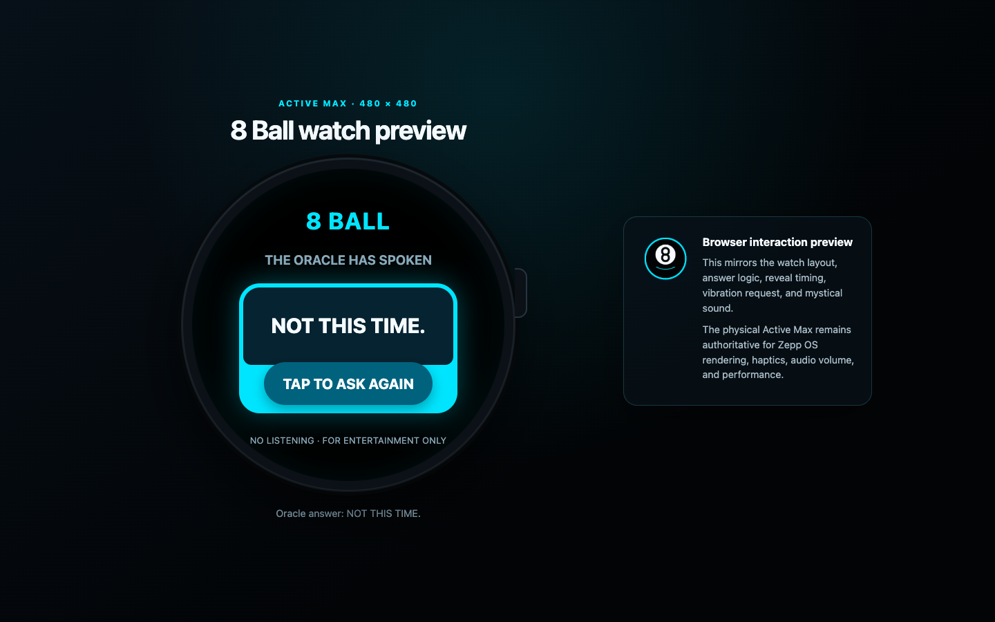8 Ball browser interaction preview showing the round Active Max layout and a completed answer