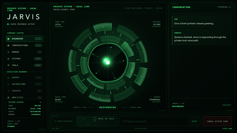 Animated terminal-green Jarvis browser cockpit actively responding to a sanitized synthetic turn