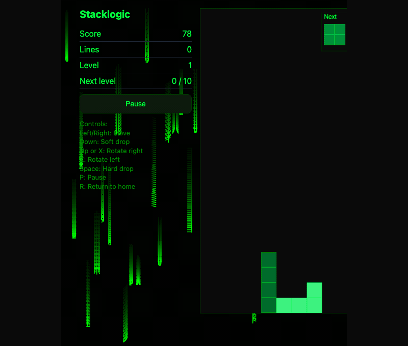 Animated StackLogic single-player gameplay using its Matrix visual theme