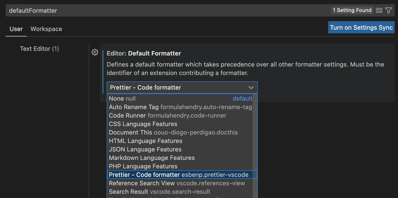 Set Prettier as Default Code formatter.