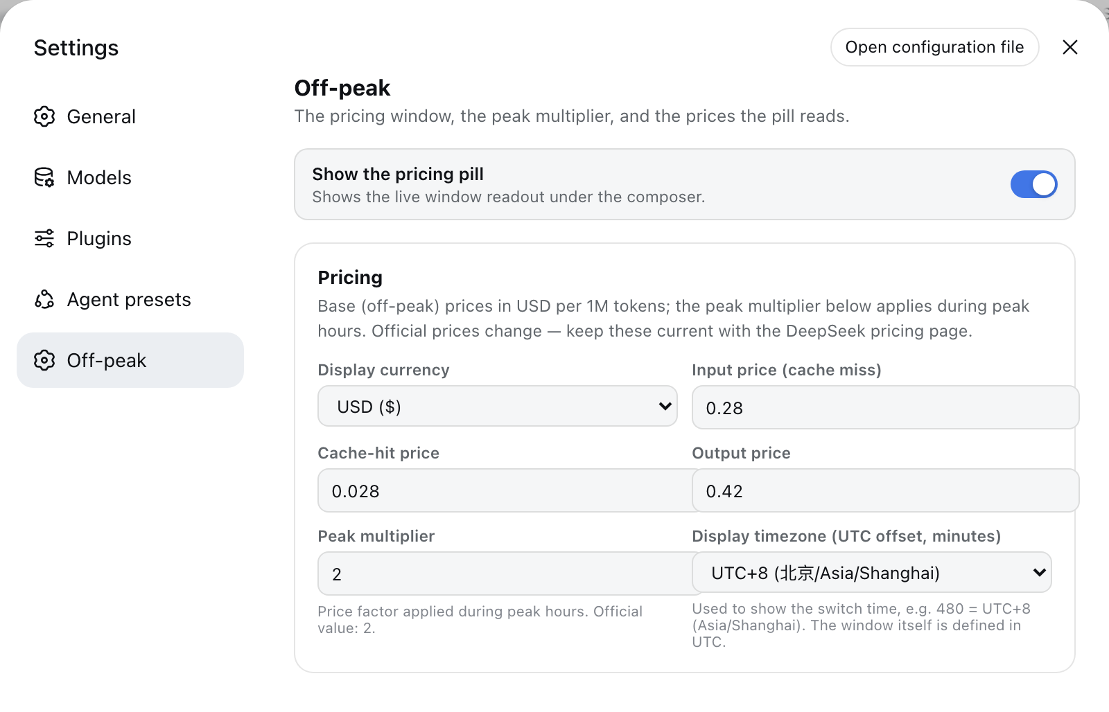 The Off-peak settings section