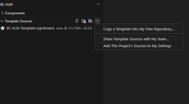 Template Sources view with sharing actions
