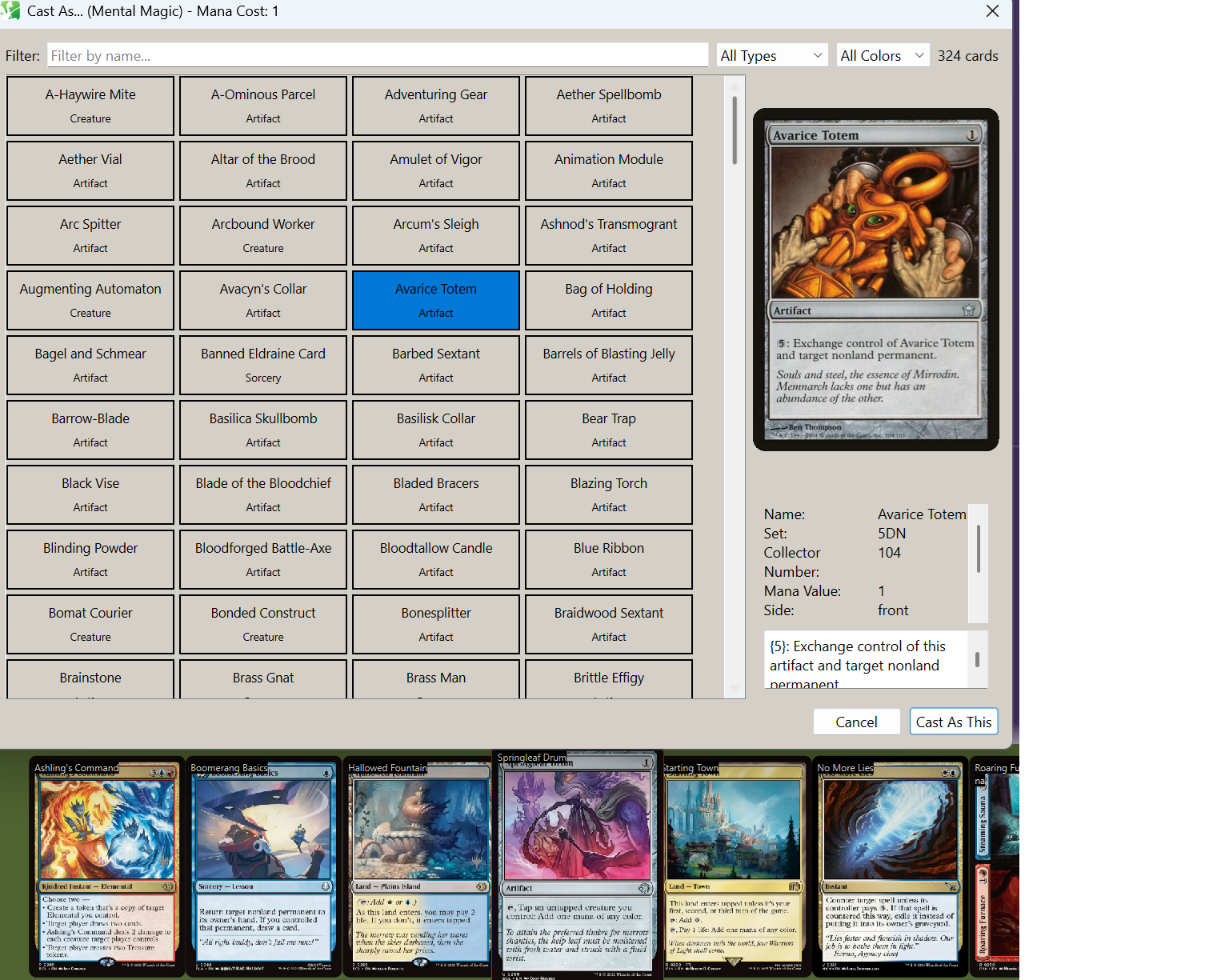 Card picker dialog showing all cards with the same mana cost