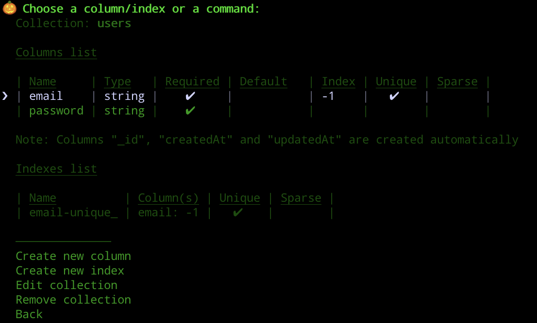 Overview of columns and indexes