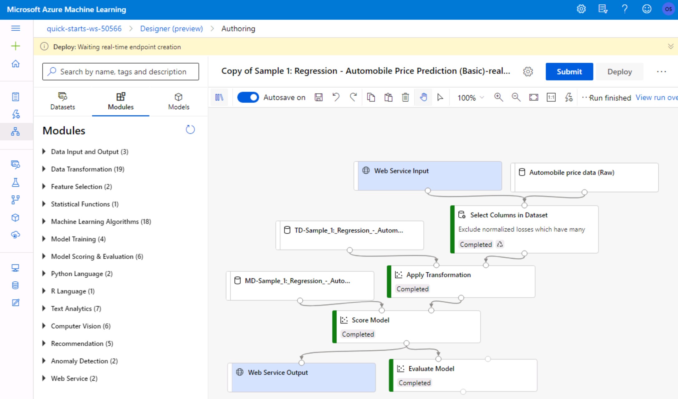 screenshot of the visual pipeline deployment message