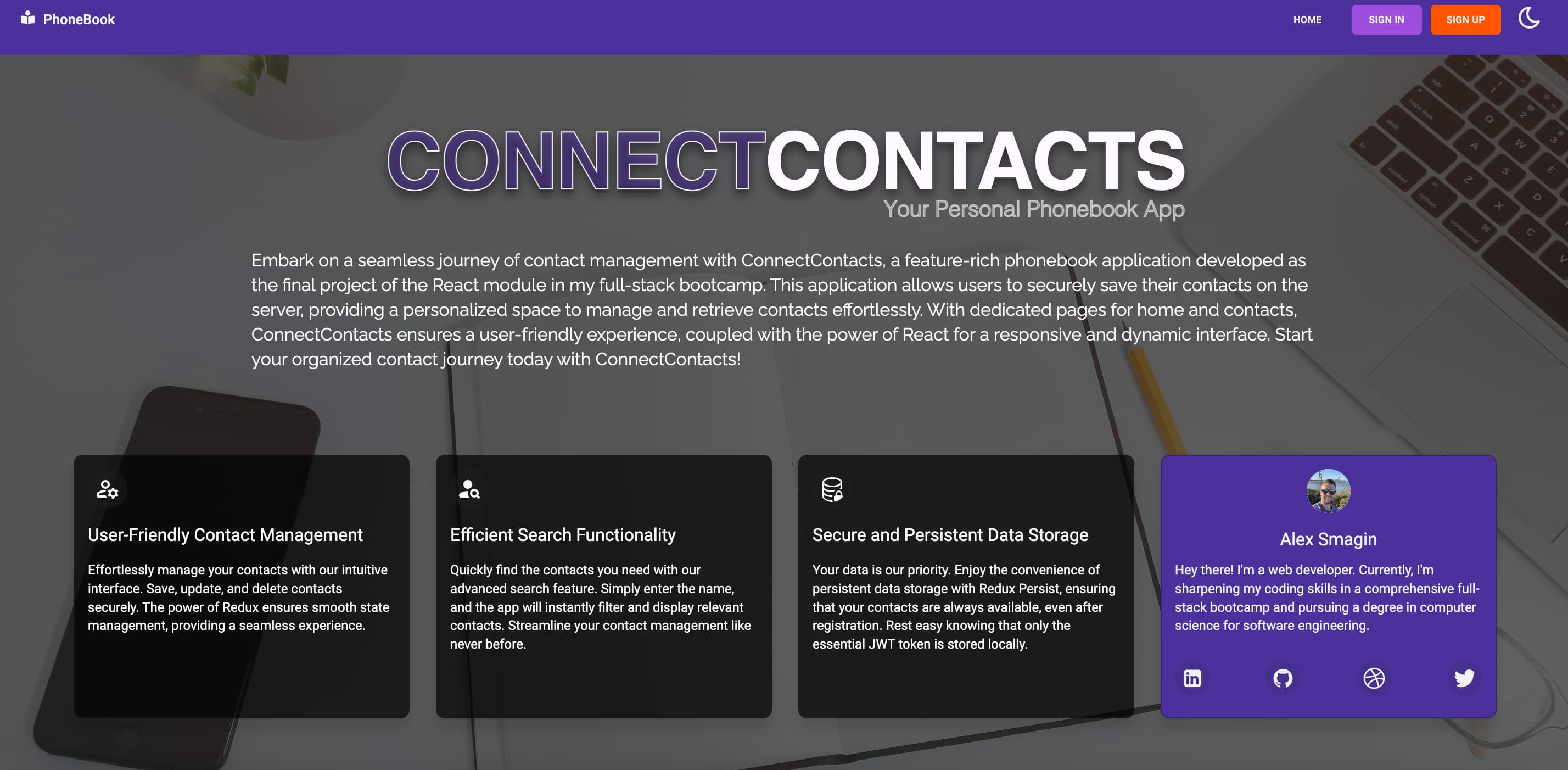 Home Page Connect Contacts dark mode