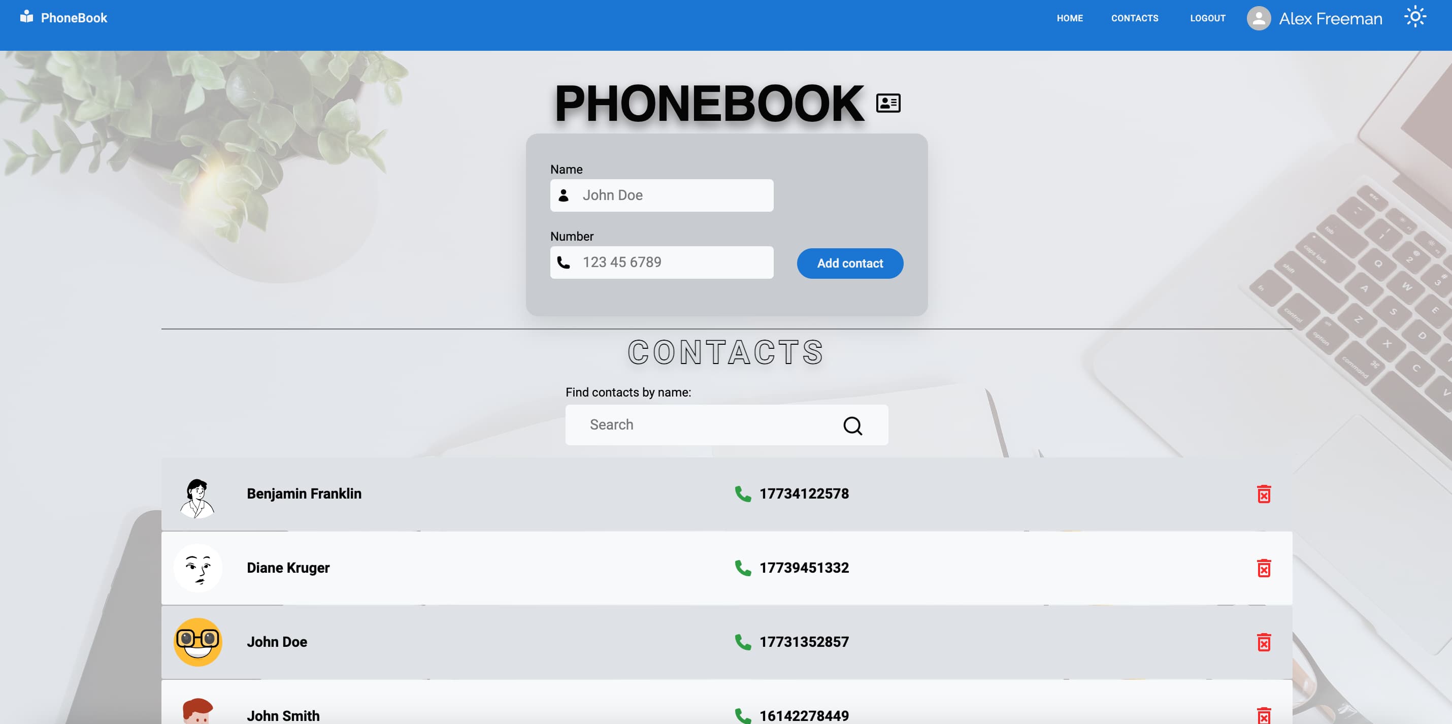 PhoneBook Page Contacts light mode