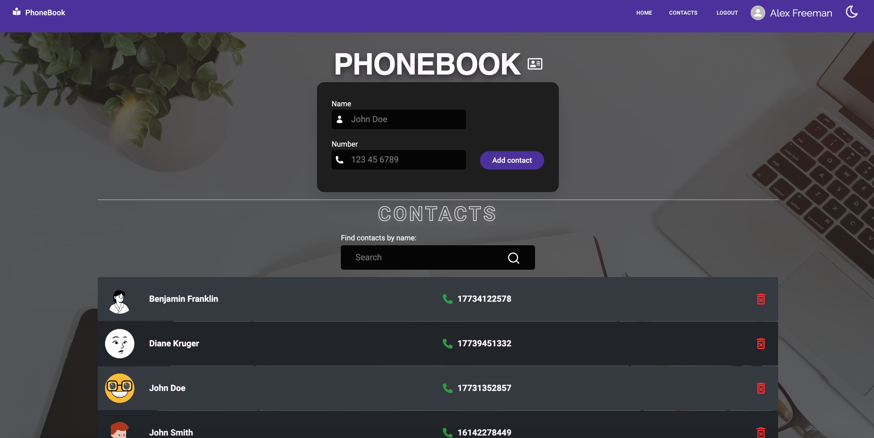 PhoneBook Page Contacts dark mode