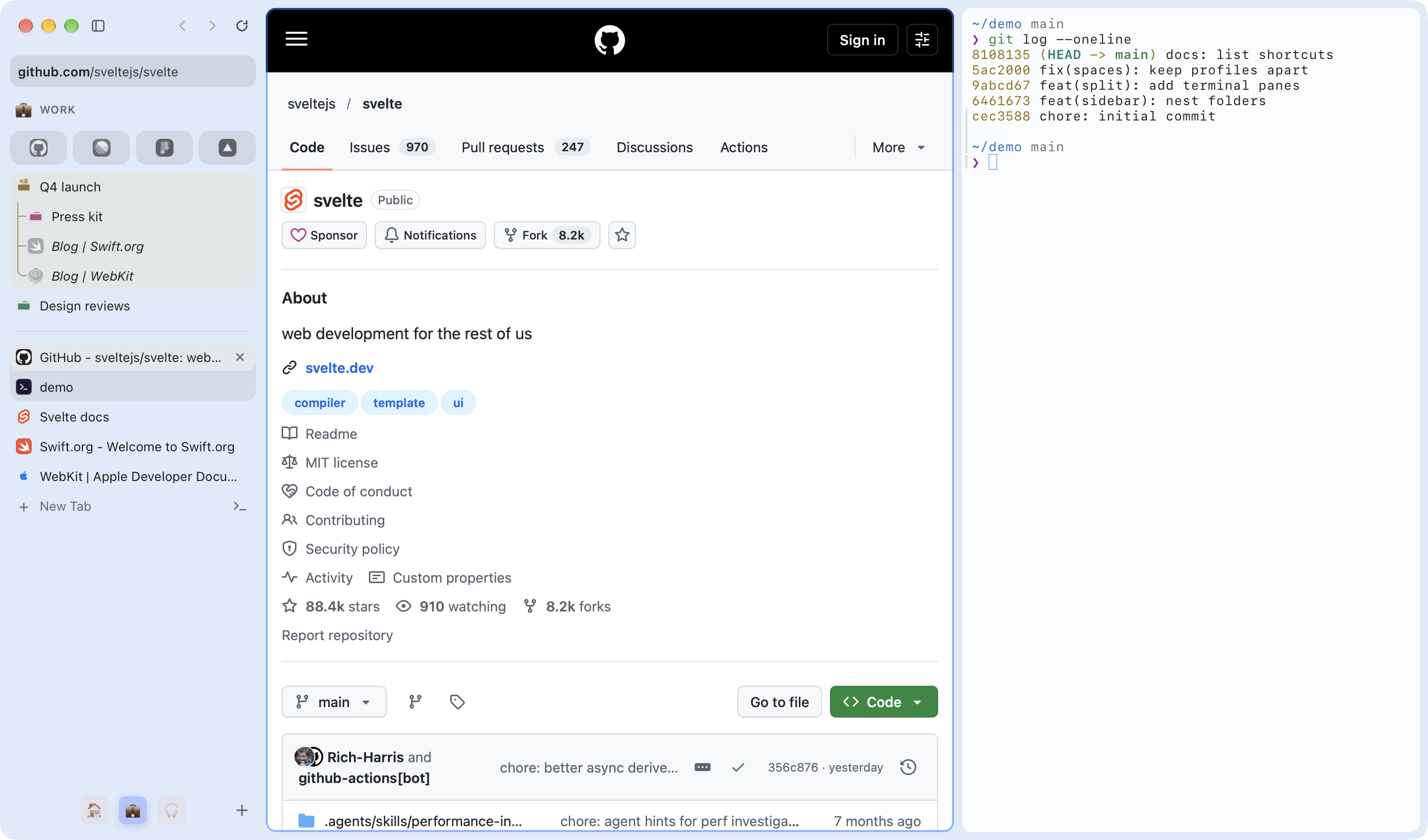 Lilo with the Work Space open: sidebar with pinned sites, folders and tabs, beside a web page and a terminal tab
