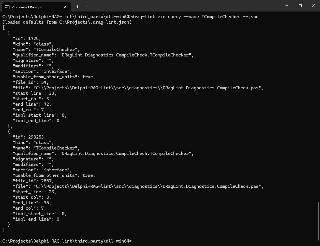 TCompileChecker 的 drag-lint query --json 输出