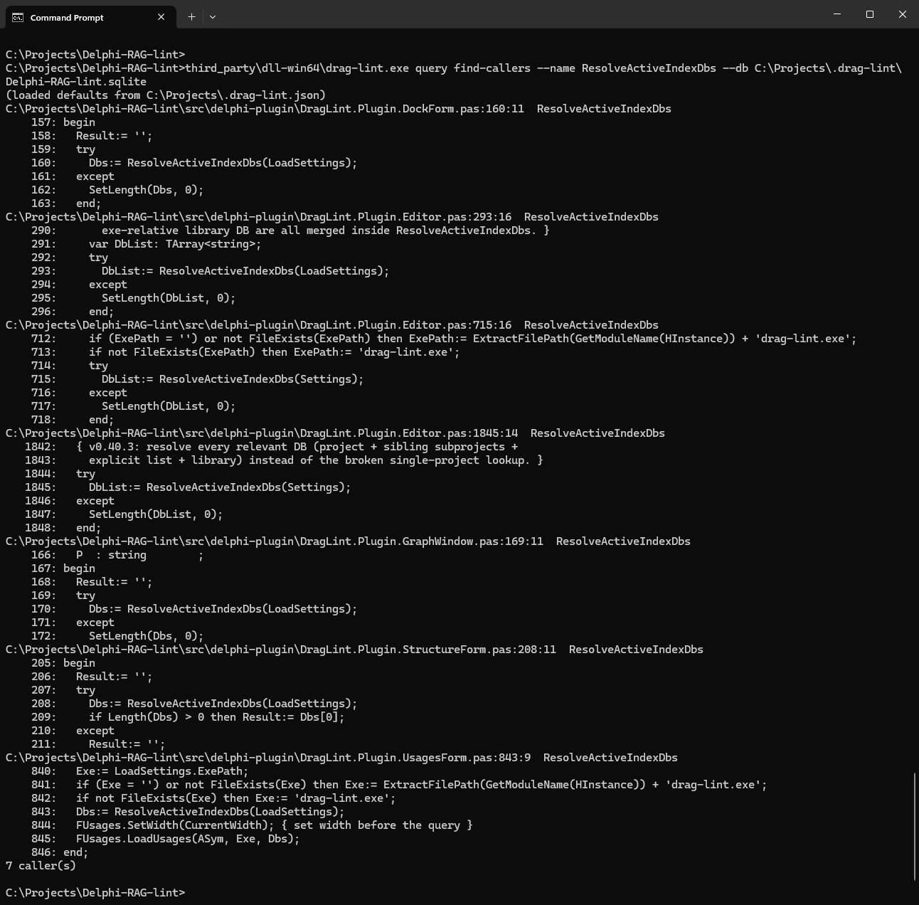 带有代码上下文的 drag-lint find-callers 输出