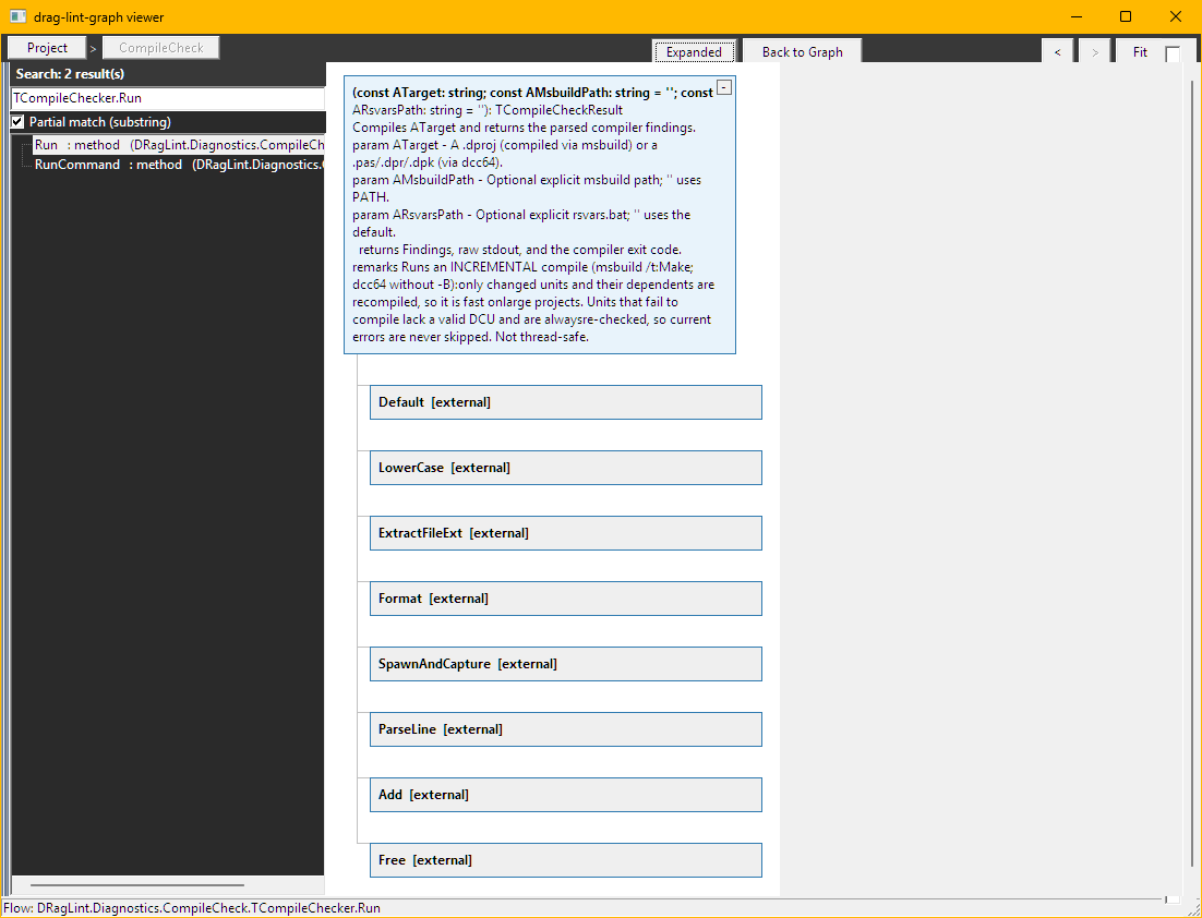 带有每个节点 DocInsight 摘要的 TCompileChecker.Run Code Flow View
