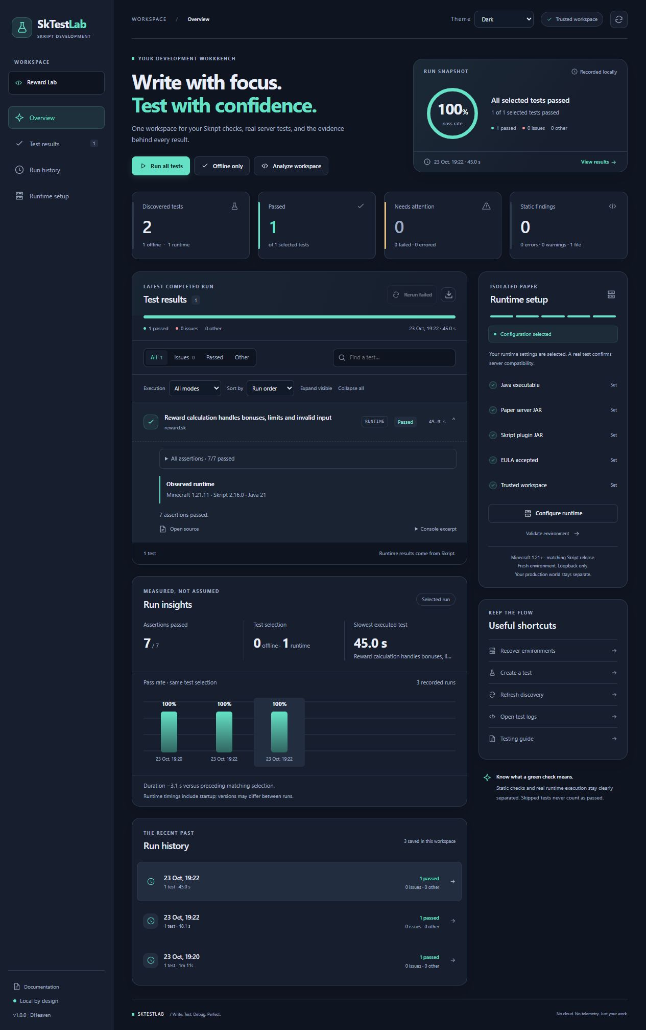 SkTestLab dark dashboard