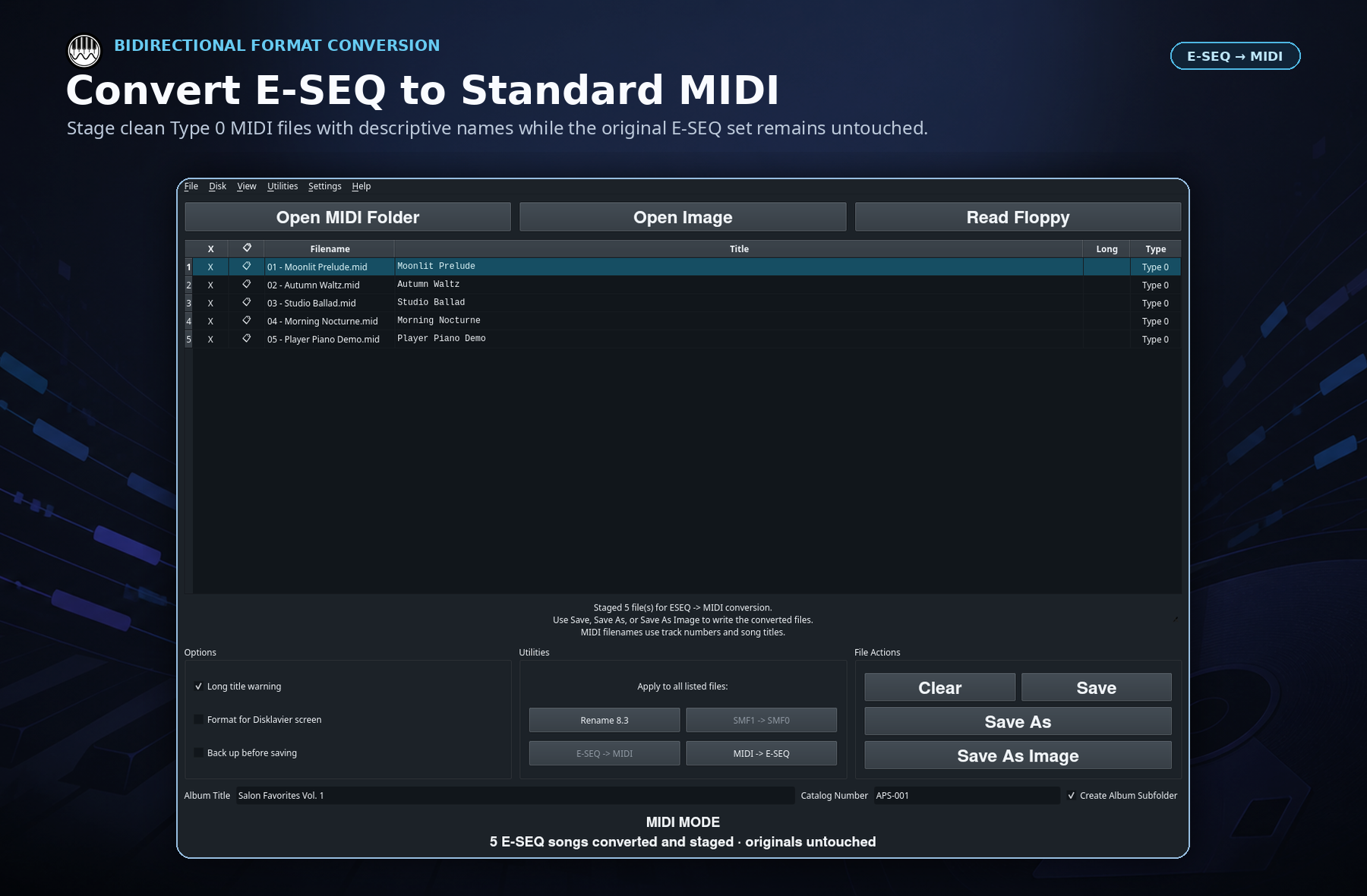 Converting Yamaha E-SEQ files to Standard MIDI using APS MIDI Prep Tool