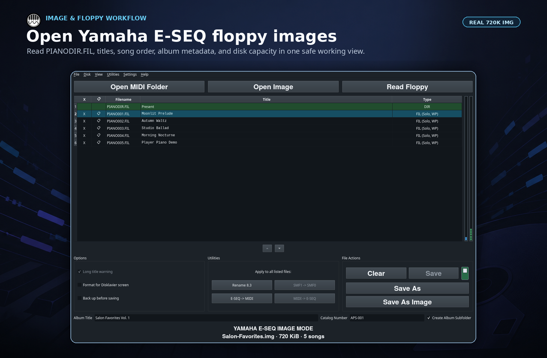 APS MIDI Prep Tool reading and editing a Yamaha E-SEQ Disklavier floppy image