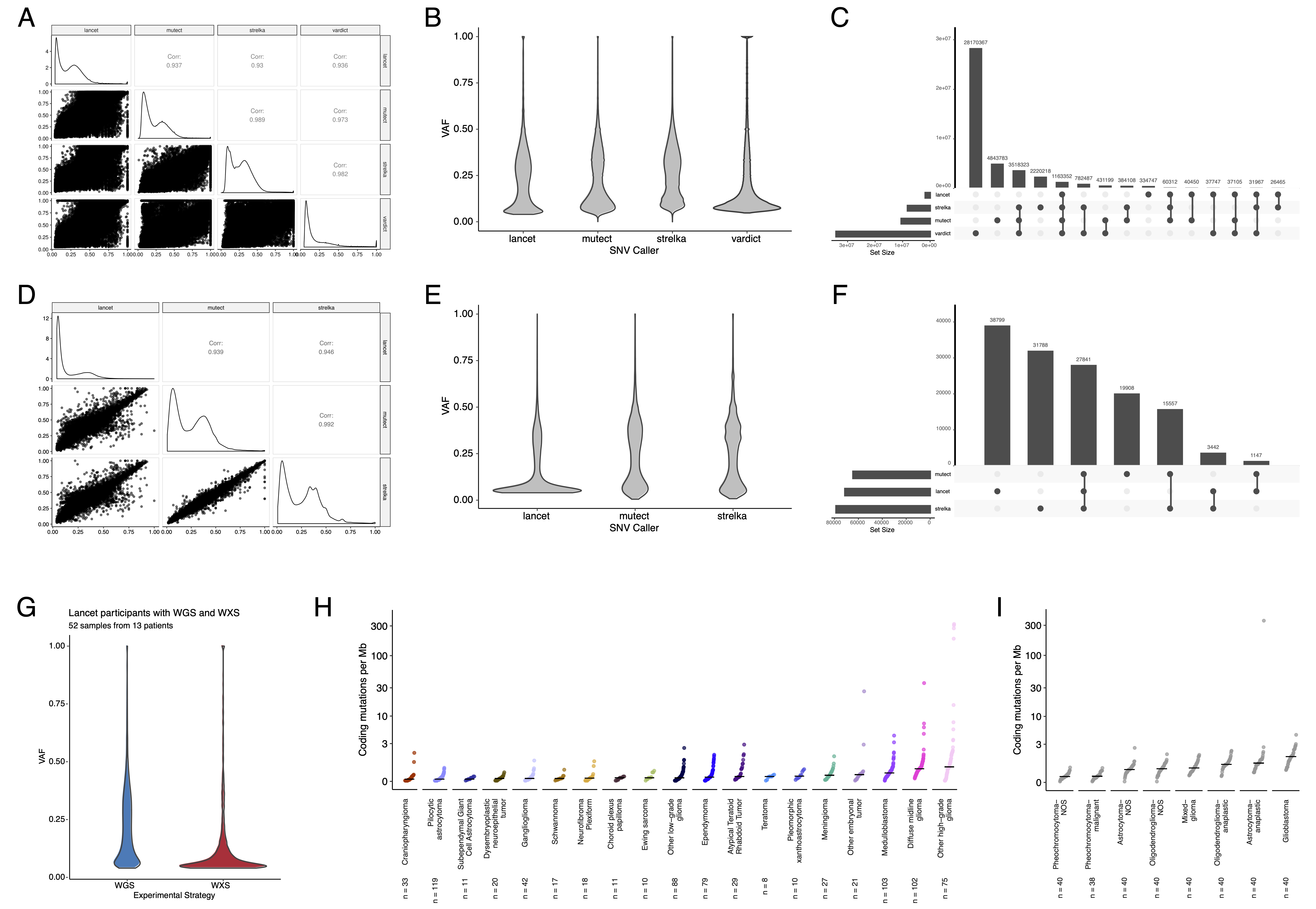 Figure S2: Validation of Consensus SNV calls and Tumor Mutation Burden, Related to Figures 2 and 3. Correlation (A) and violin (B) plots of mutation variant allele frequencies (VAFs) comparing the variant callers (Lancet, Strelka2, Mutect2, and VarDict) used for PBTA samples. UpSet plot (C) showing overlap of variant calls. Correlation (D) and violin (E) plots of mutation variant allele frequencies (VAFs) comparing the variant callers (Lancet, Strelka2, and Mutect2) used for TCGA samples. UpSet plot (F) showing overlap of variant calls. Violin plots (G) showing VAFs for Lancet calls performed on WGS and WXS from the same tumor (N = 52 samples from 13 patients). Cumulative distribution TMB plots for PBTA (H) and TCGA (I) tumors using consensus SNV calls.