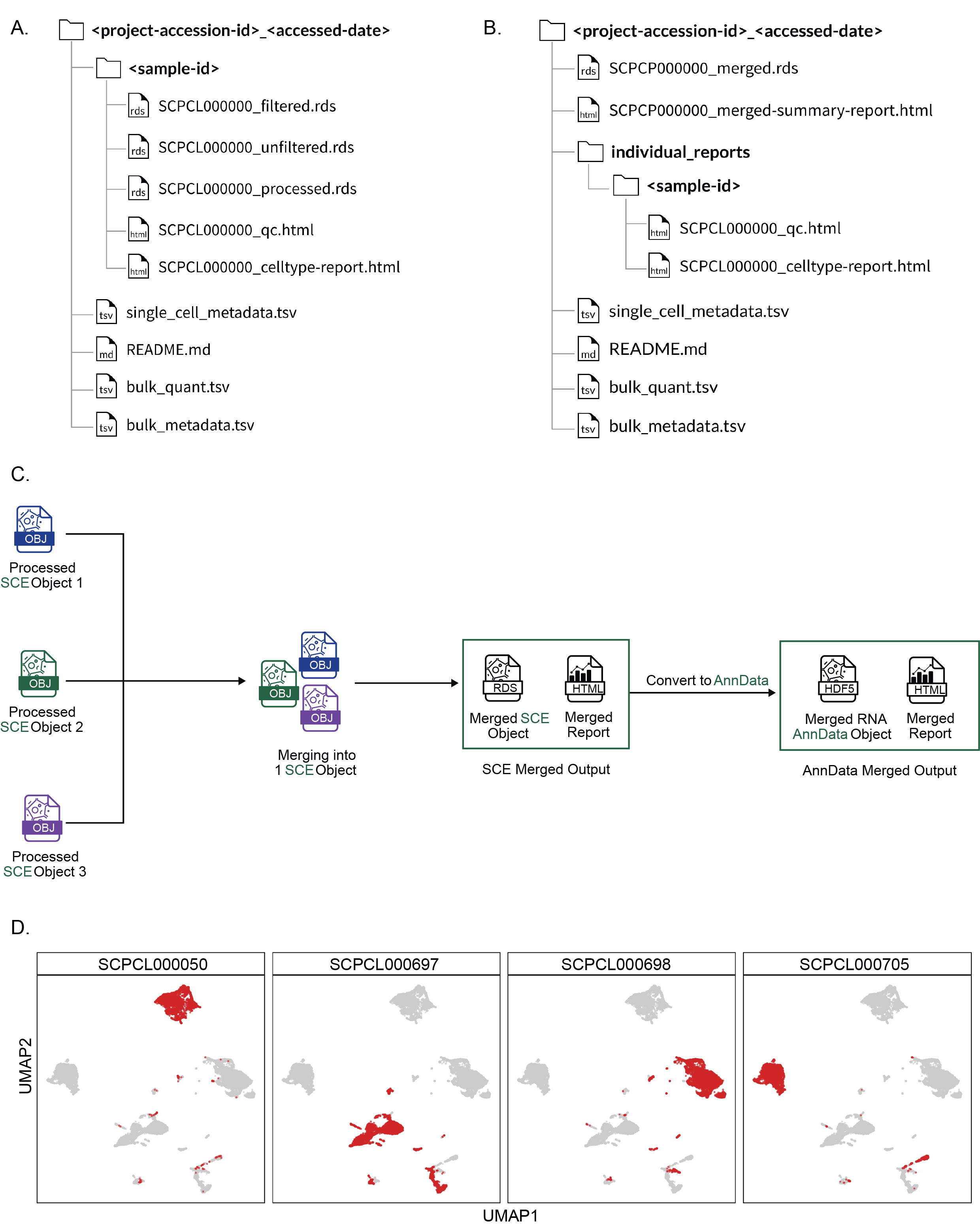 Figure 3: ScPCA Portal project download file structure and merged object workflow.