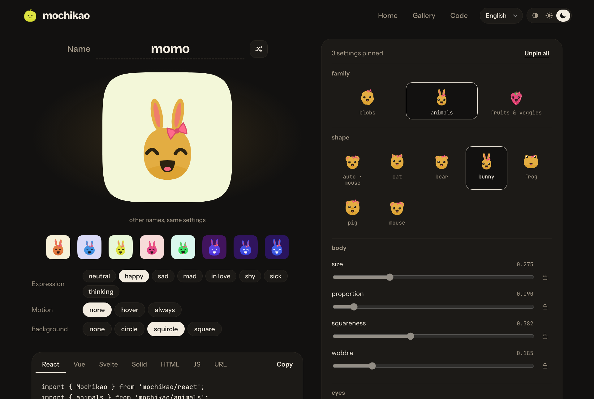 mochikao editor in dark mode: a bunny, other names with the same settings, the panel of pinnable settings