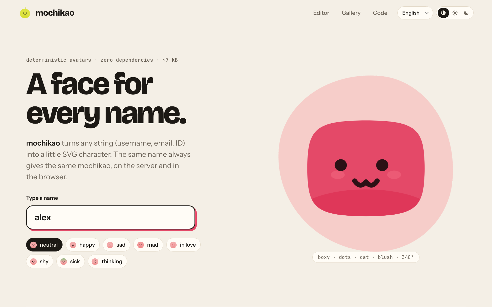 mochikao home page: a typed name, the generated avatar and the expression picker