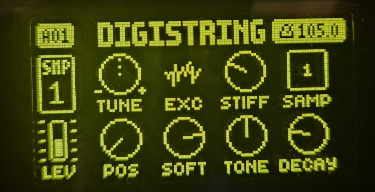 Digitakt display showing the DIGISTRING machine page with TUNE, EXC, STIFF, SAMP, POS, SOFT, TONE and DECAY knobs