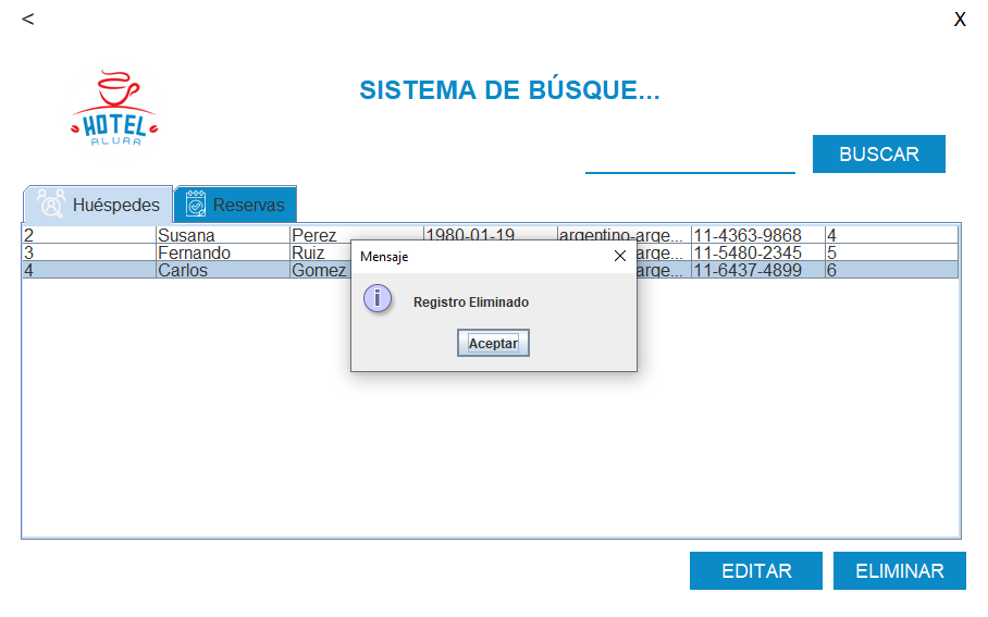 Sistema informa registro eliminado