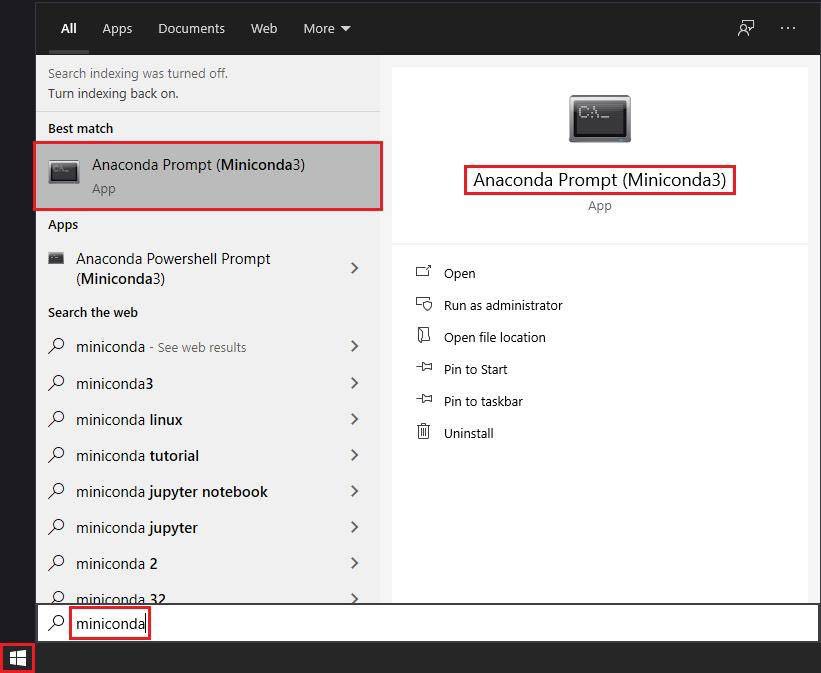 Open Anaconda Prompt in win search