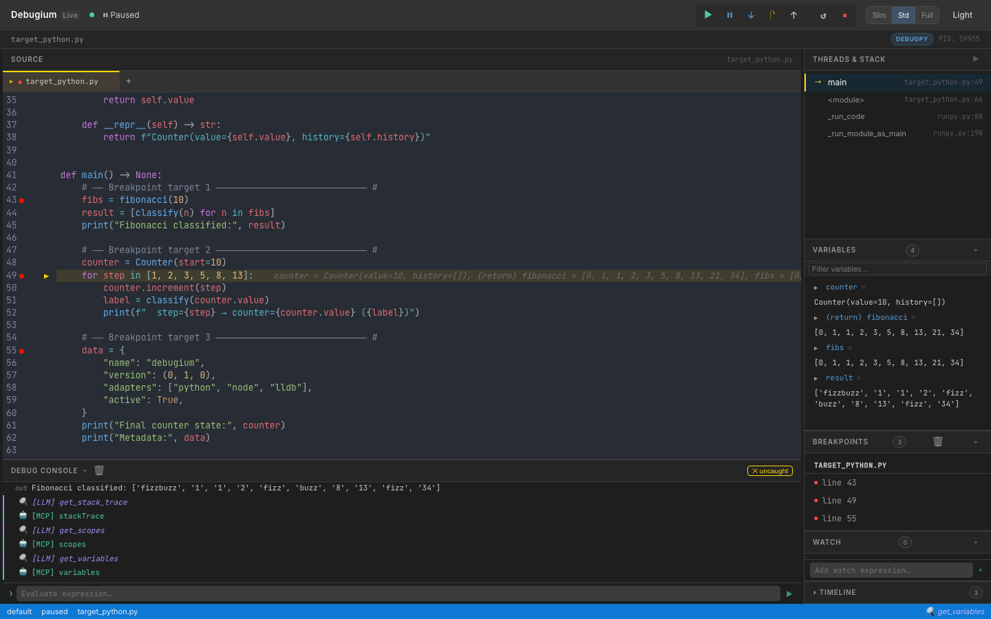 Debugium UI — paused at a breakpoint in target_python.py with variables, call stack, breakpoints, watch, timeline, and console panels