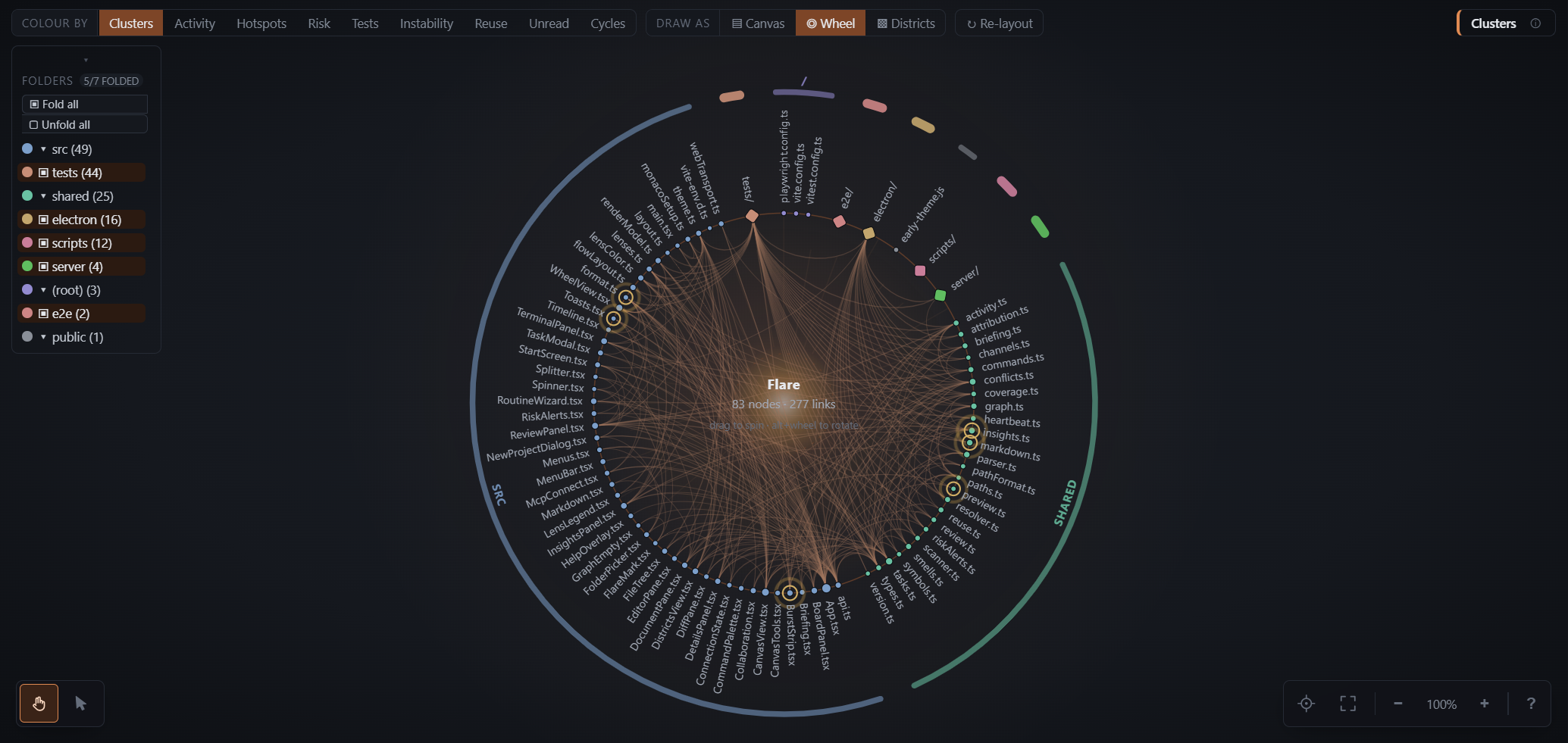 The Wheel view: every file on one ring, dependencies crossing the middle as chords
