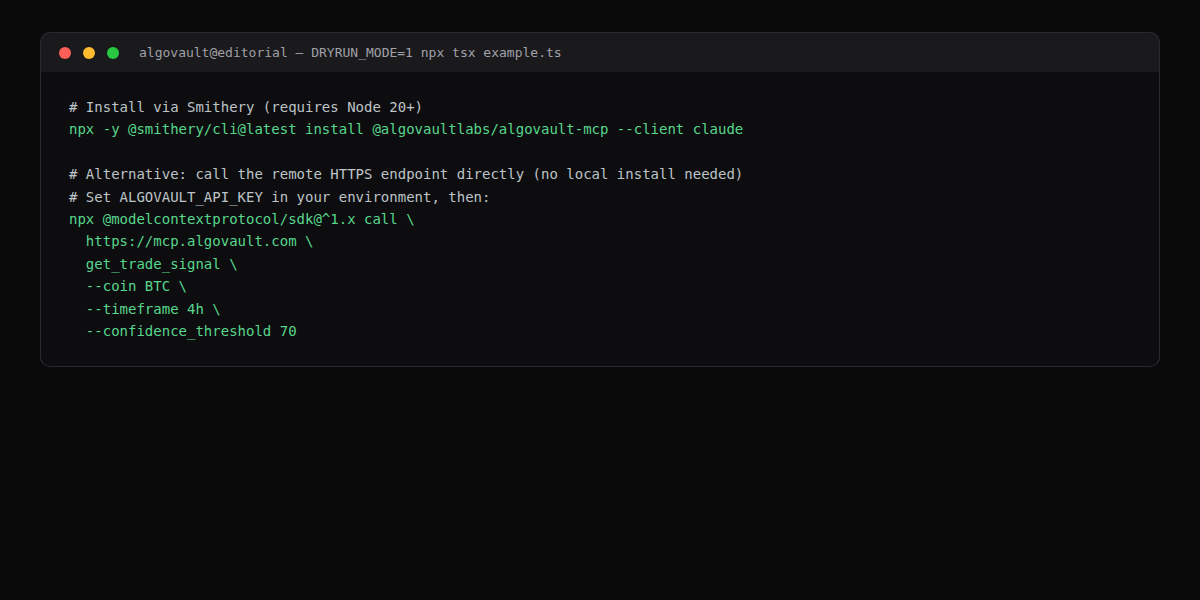 AlgoVault agent loop — terminal output of the TypeScript example in DRYRUN_MODE showing the 406 response handling path
