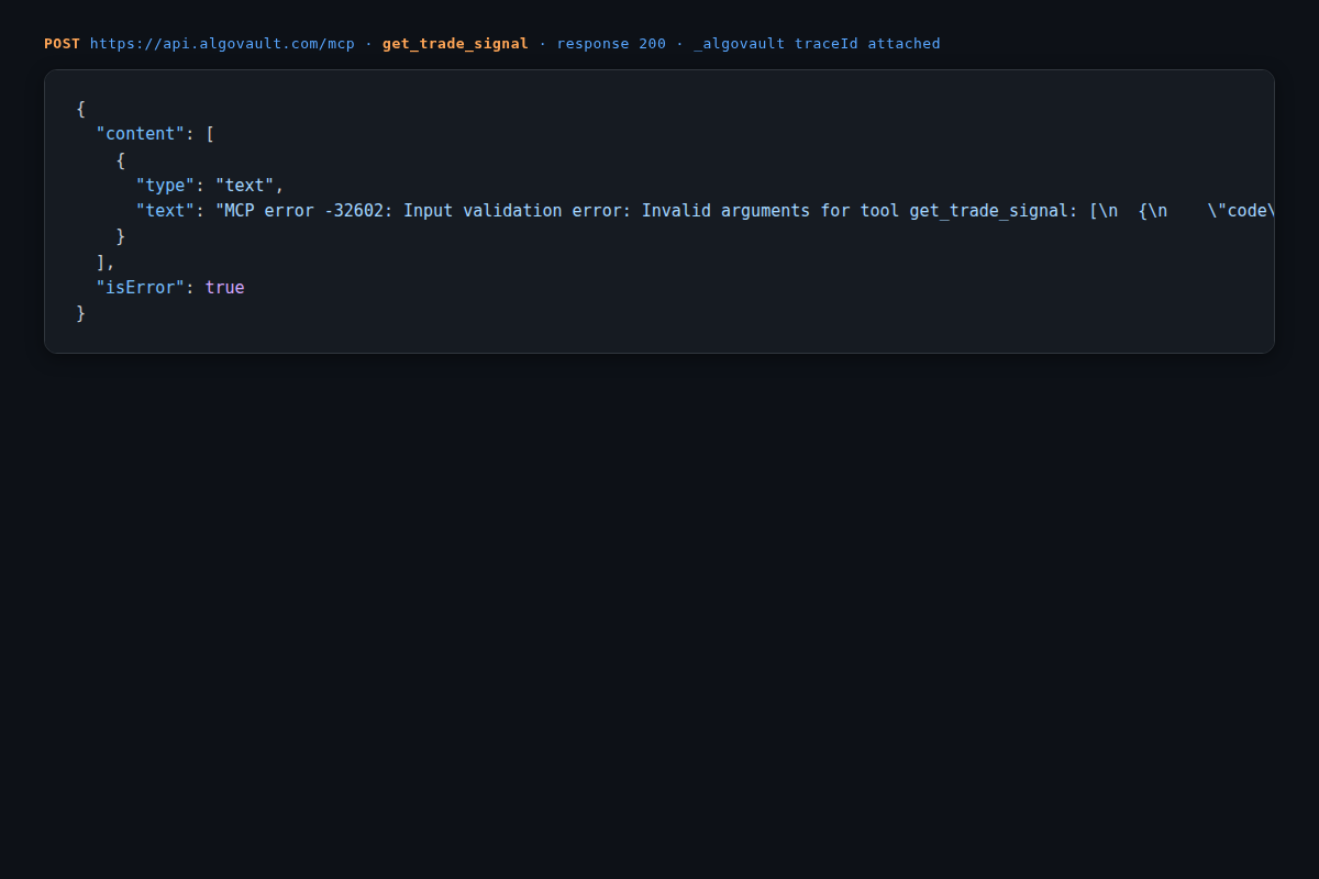 AlgoVault API response — live MCP error envelope showing the isError flag and structured validation message