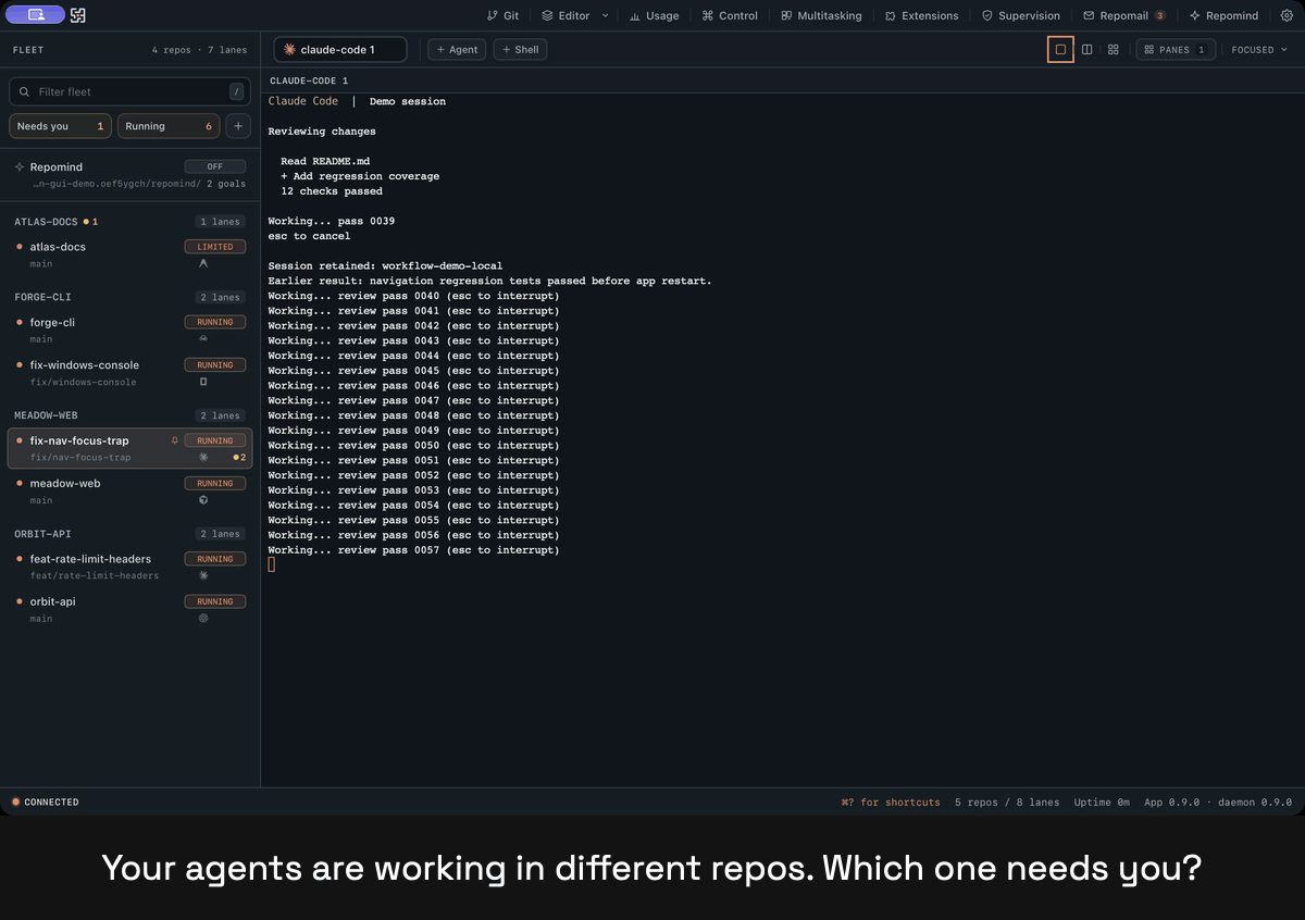 Repomon workflow: an agent needs you, you answer it, switch repos, relaunch and reattach