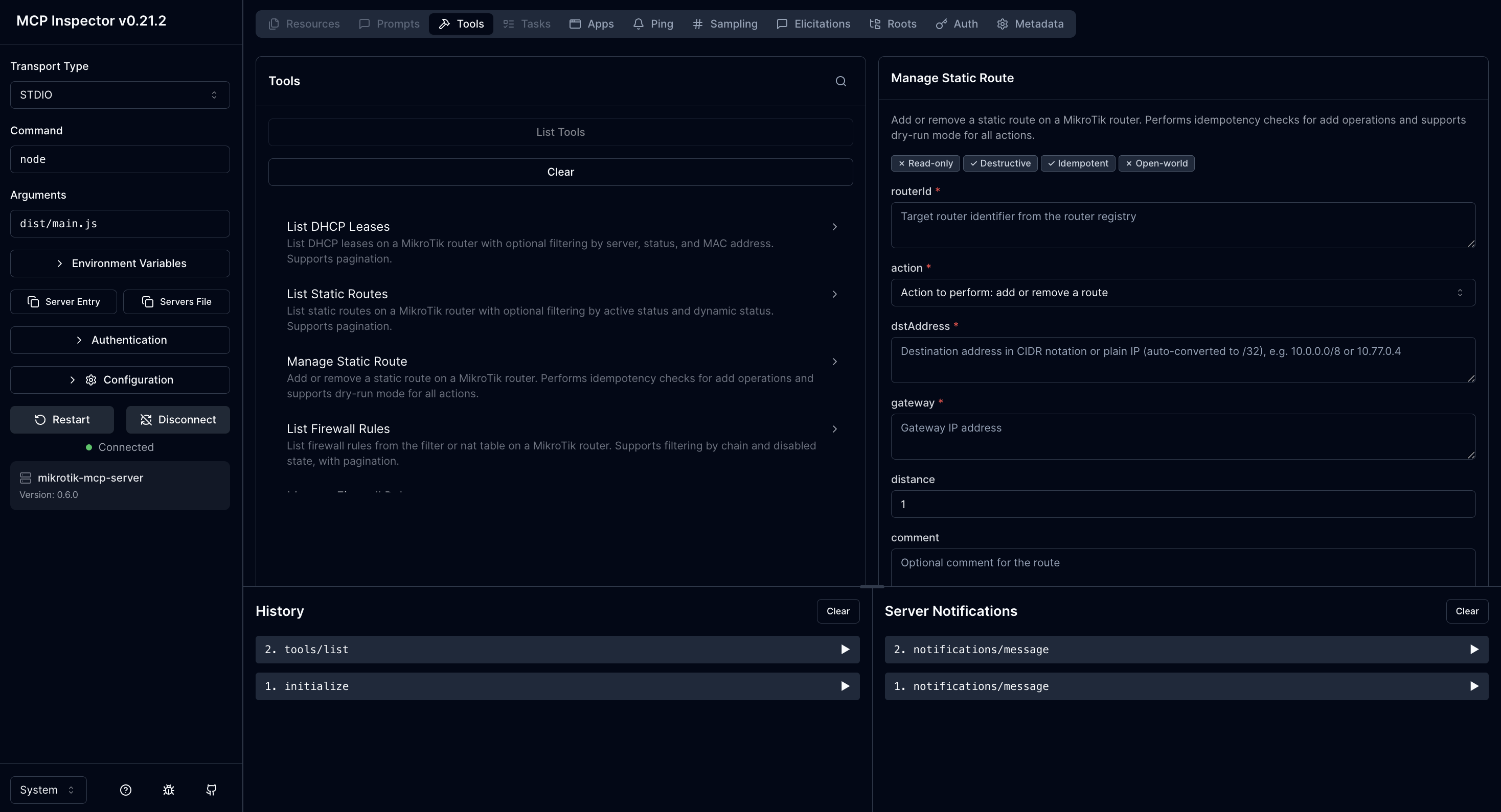 The 77 registered MikroMCP tools with schemas