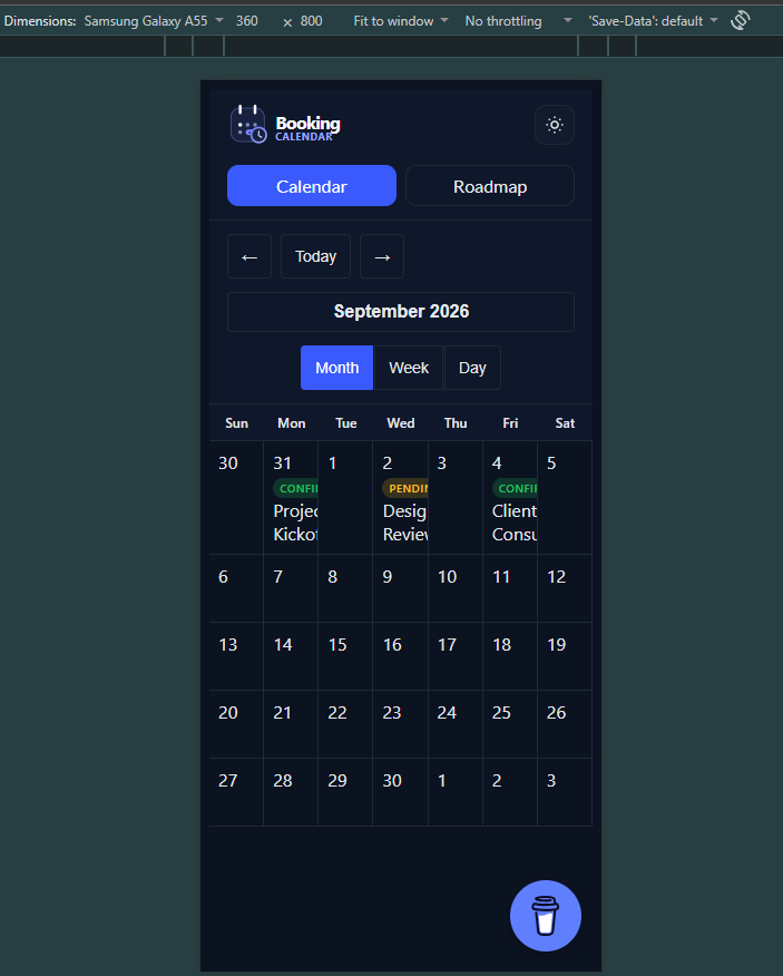 Booking Calendar mobile dark theme