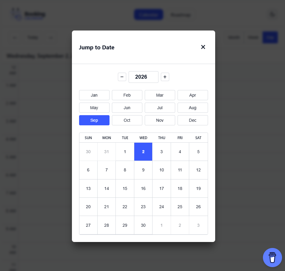 Booking Calendar Jump-to-Date modal
