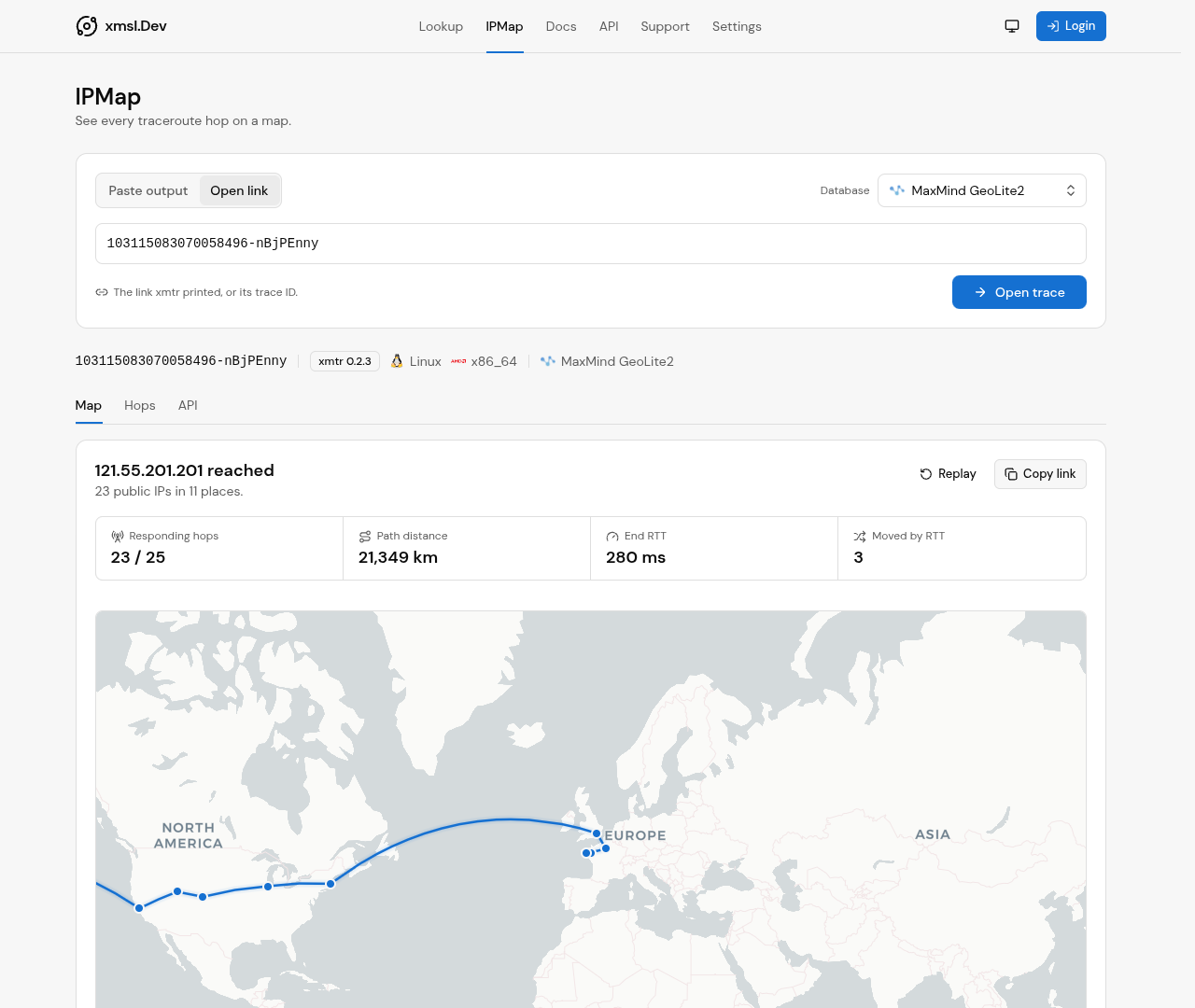 IPMap showing a route from Rennes through London, the United States and Tokyo to Guam