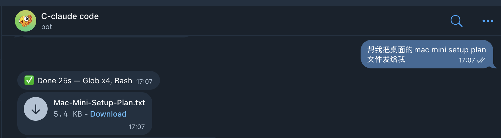 File relay — ask CC for a file, it appears as a download
