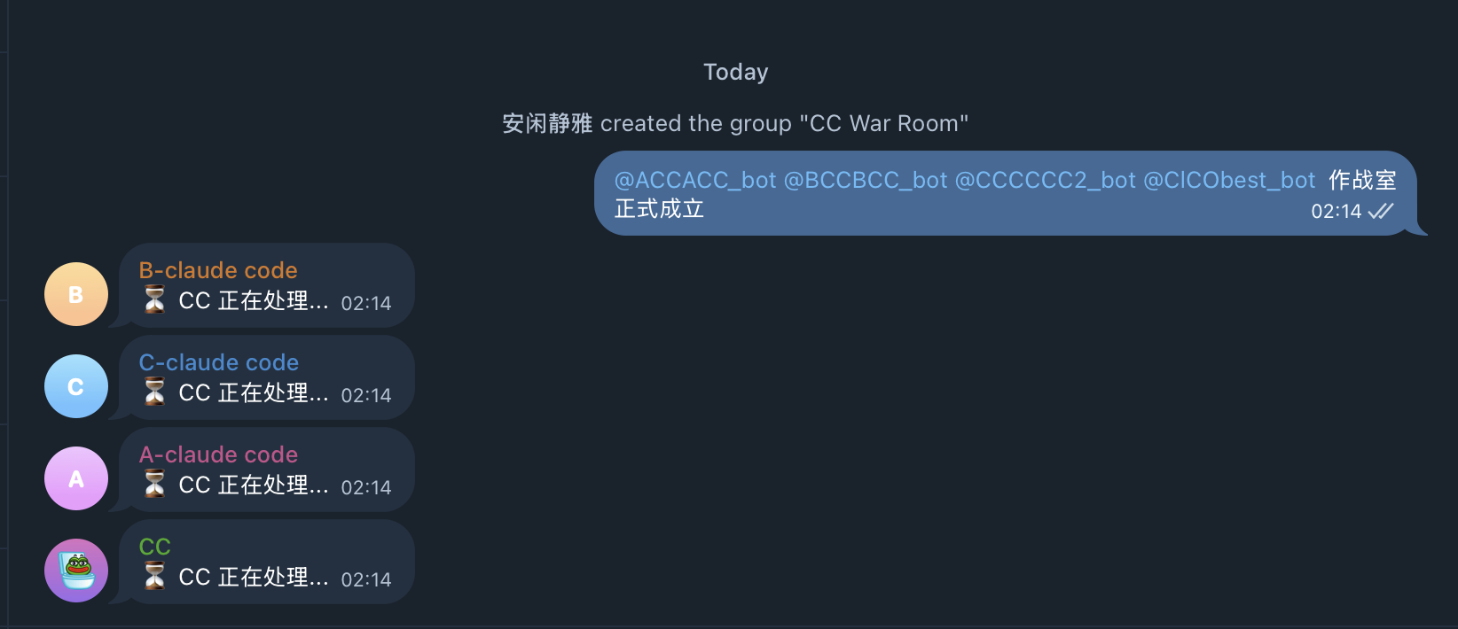 War Room — 4 CC bots processing in parallel