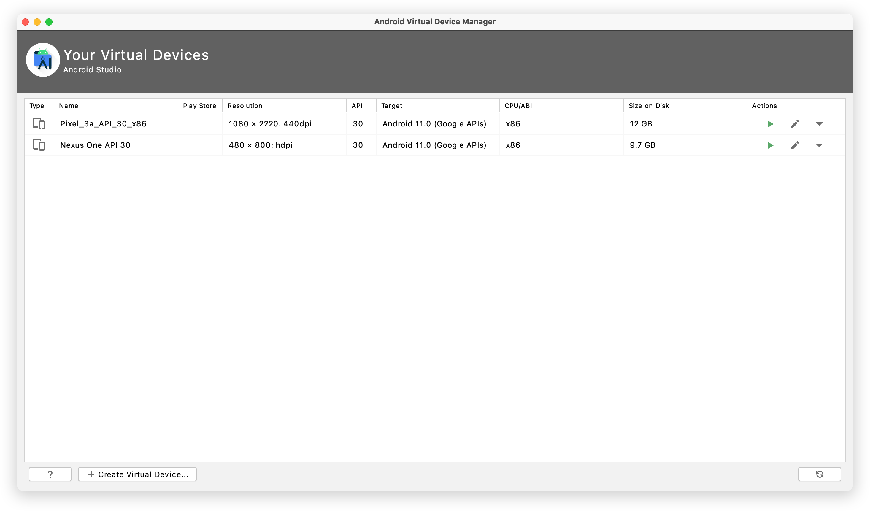 Android Virtual Device Manager