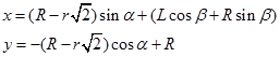 x=(R-rsqrt(2))sin(α)+(Lcos(β)+Rsin(β)), y=-(R-r*sqrt(2))*cos(α)+R