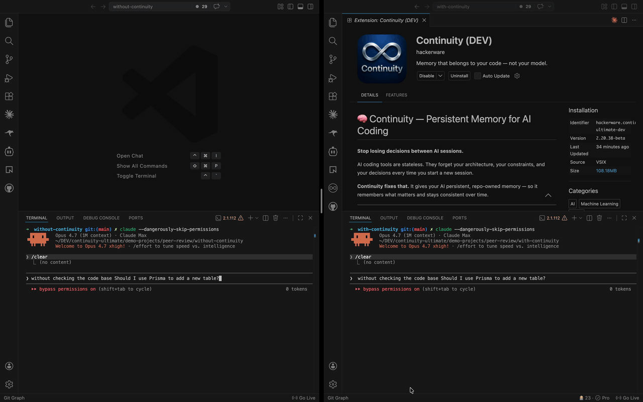 Continuity demo — with vs without, side-by-side